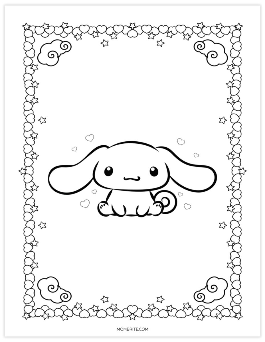 Cinnamoroll coloring page portrait framed by a border of hearts and stars