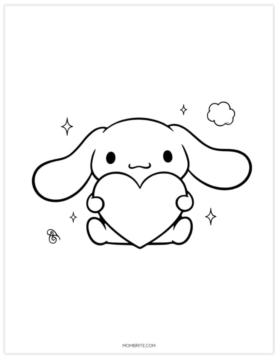 Cinnamoroll coloring page of the puppy hugging a big heart