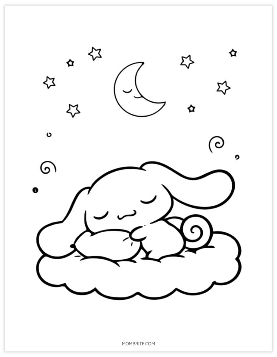 Cute Cinnamoroll coloring sheet of the puppy curled up asleep under a crescent moon