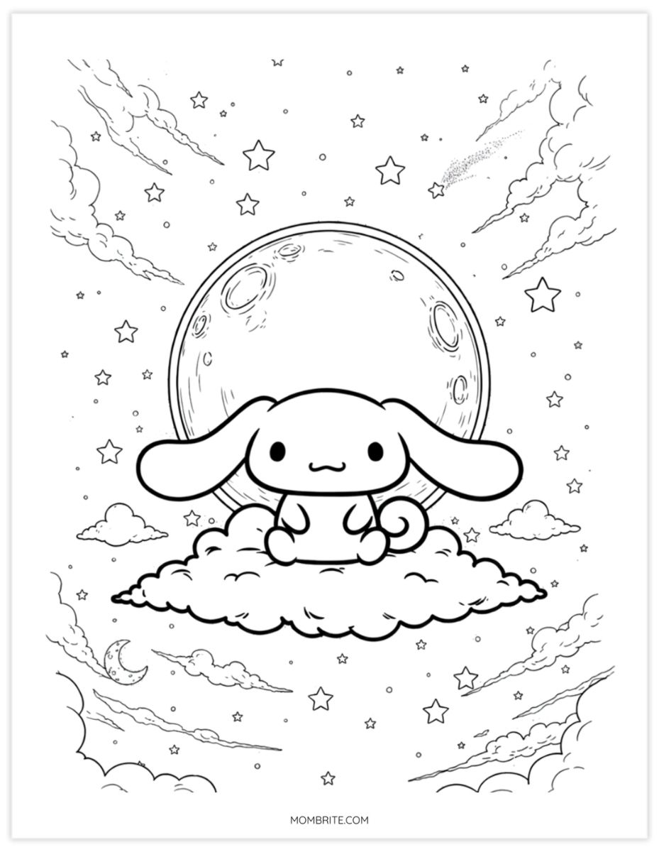 Detailed Cinnamoroll coloring page of a starry night sky with a glowing moon