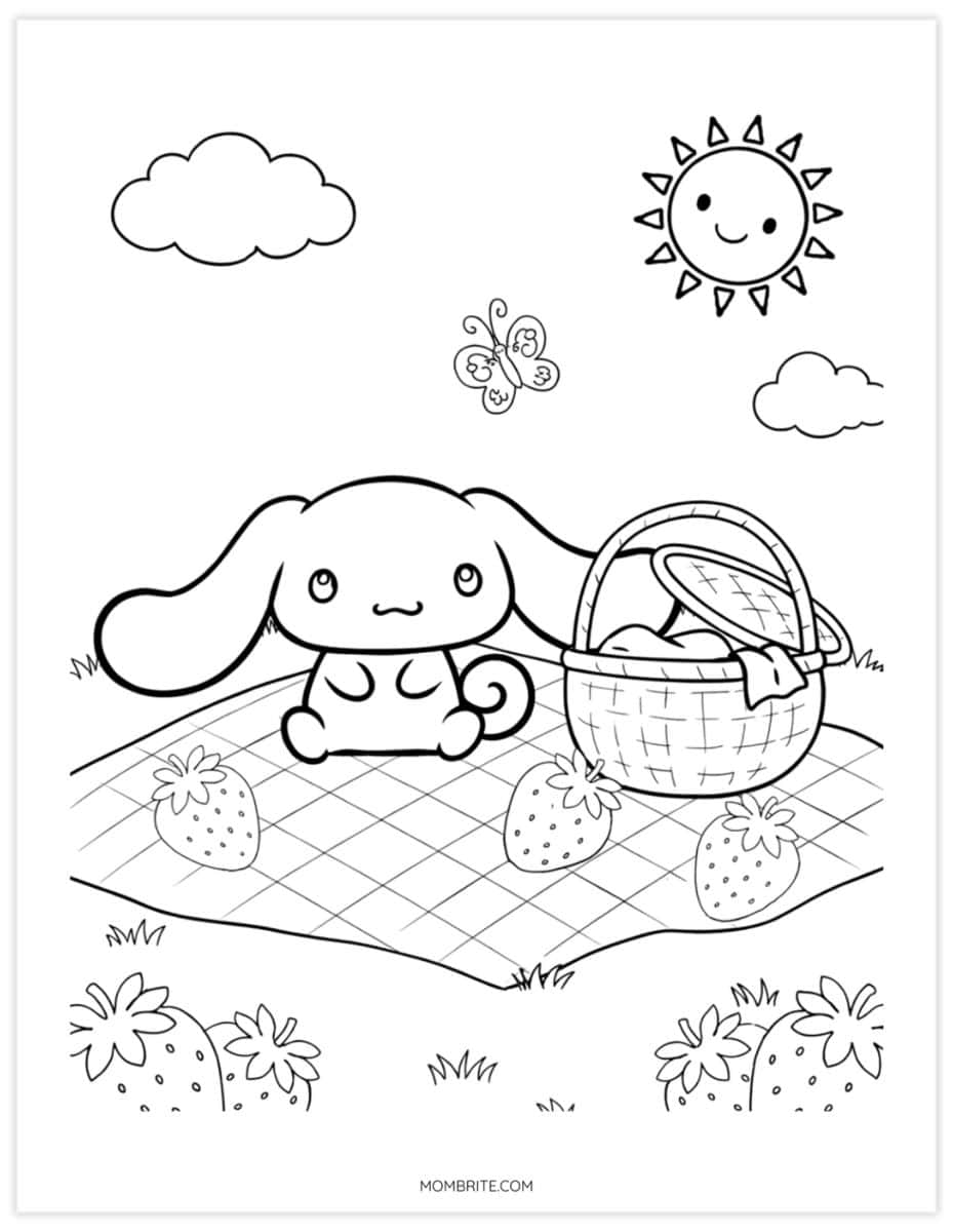 Cinnamoroll coloring page of a strawberry picnic on a checkered blanket