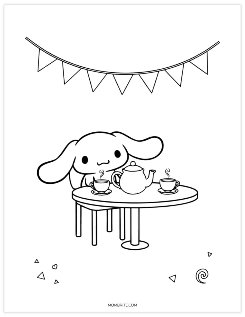 Cinnamoroll coloring page of a tea party with teapot and cups