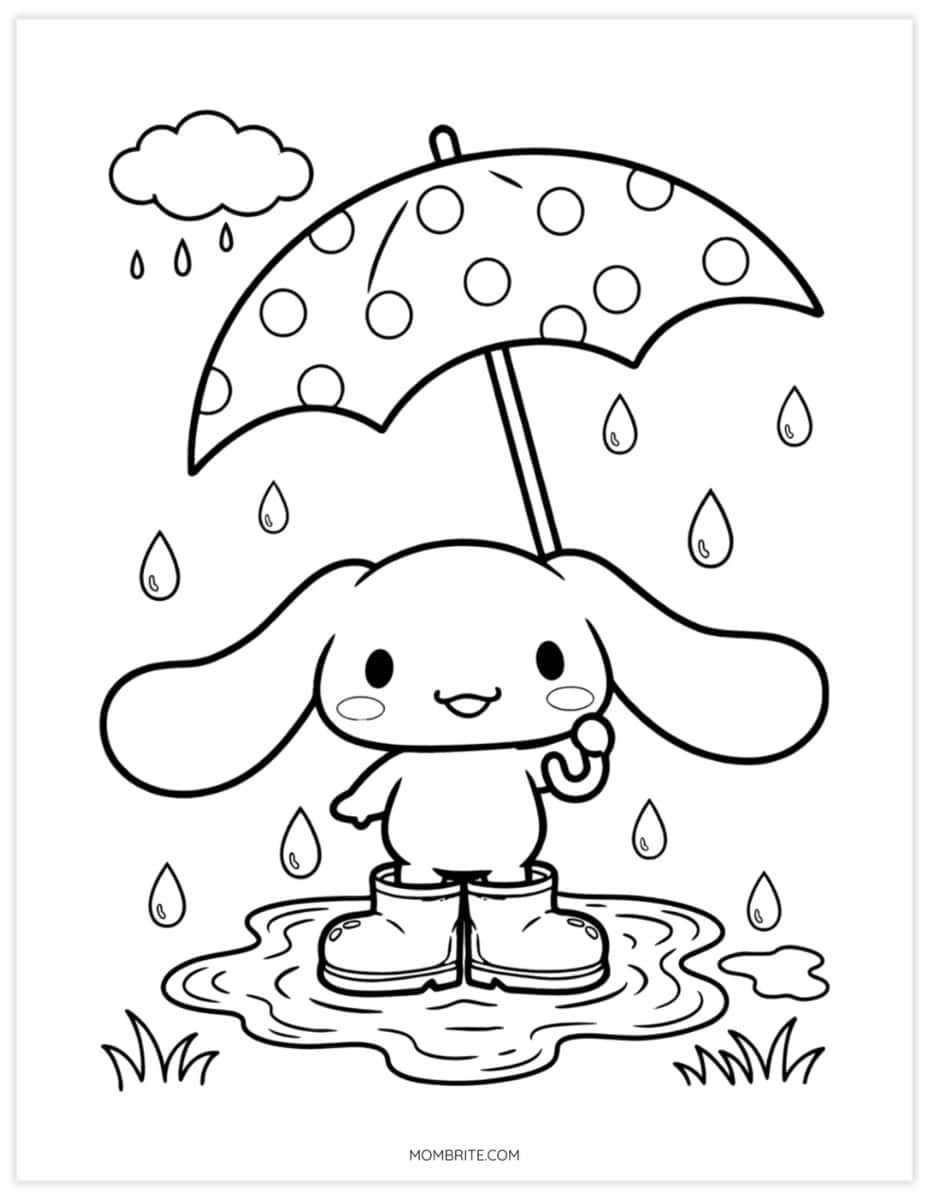 Cinnamoroll coloring page of the puppy holding an umbrella in the rain