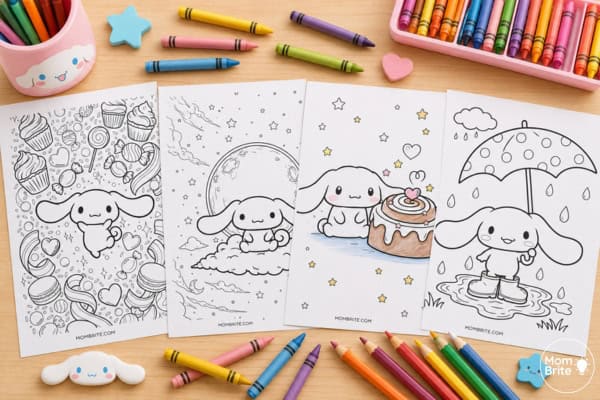 Free printable Cinnamoroll coloring pages for kids fanned out with crayons