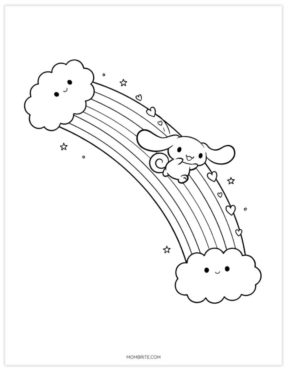 Cinnamoroll coloring page of the puppy sliding down a rainbow