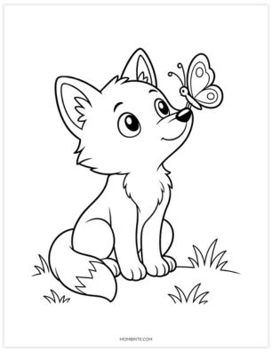 Baby fox cub playing with a butterfly coloring page