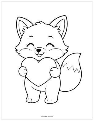 Cute fox holding a heart coloring page