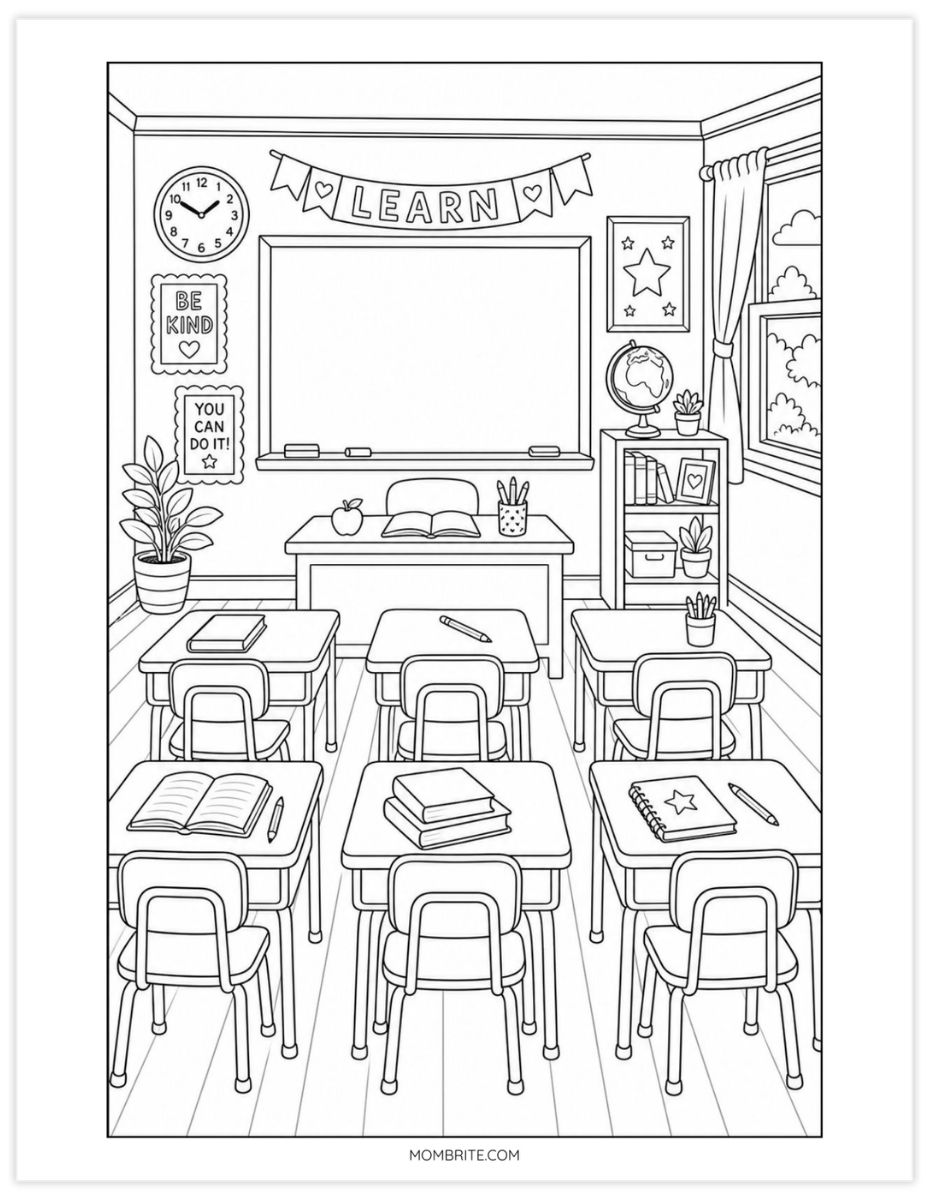 detailed classroom scene coloring page for older kids
