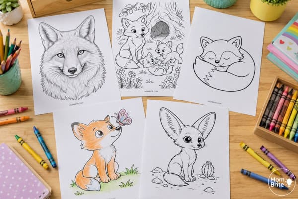 Preview of 20 printable fox coloring pages including cute, realistic, arctic, and mandala designs