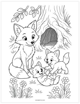 Fox family with mama and two baby kits coloring page