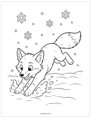 Fox pouncing in the snow coloring page
