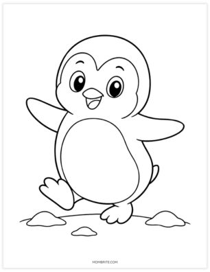 Happy cartoon penguin waddling with flippers out coloring page