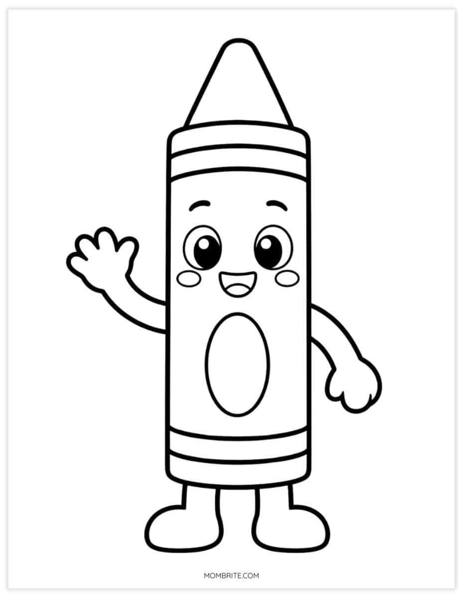 happy waving crayon coloring page for preschool