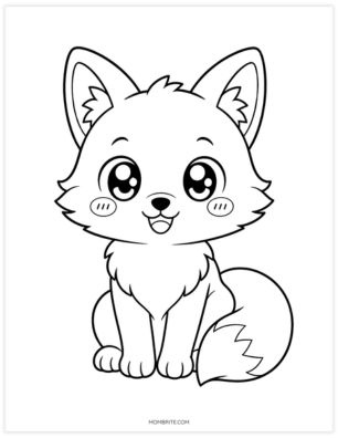Cute kawaii fox coloring page with big eyes and a fluffy tail
