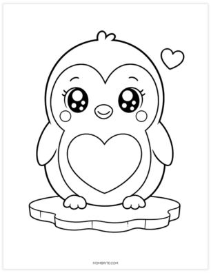 Cute kawaii penguin with big eyes coloring page