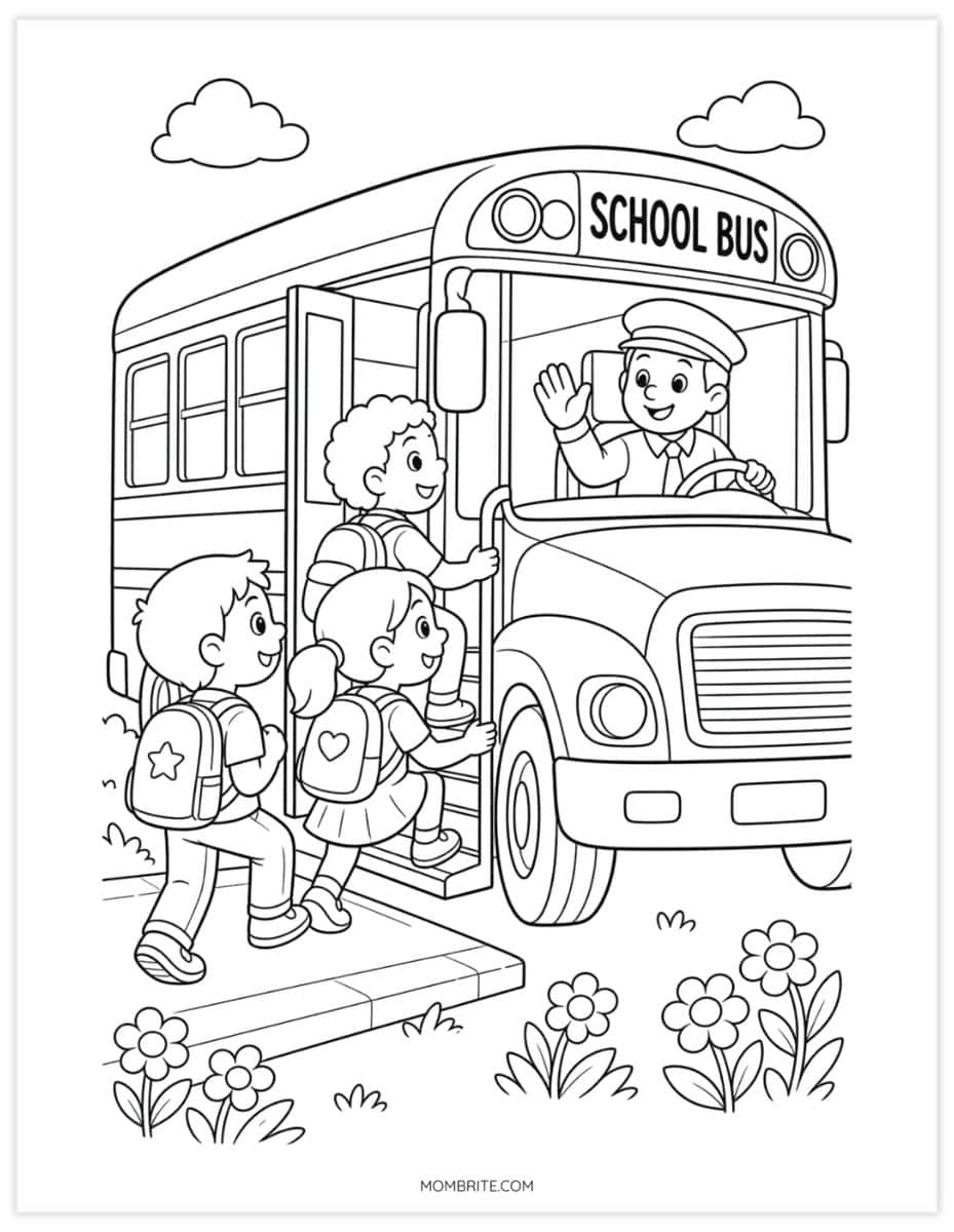 kids boarding the school bus coloring page