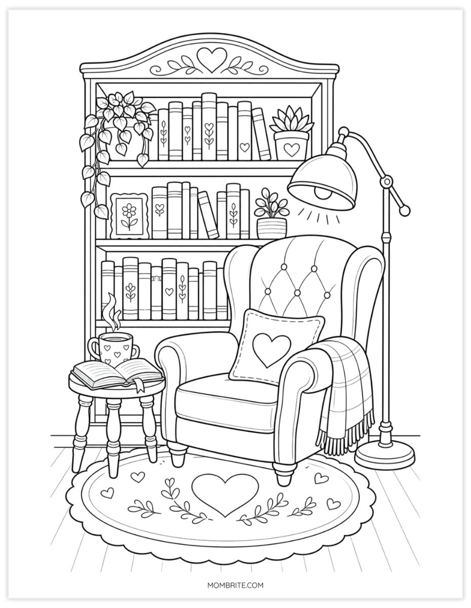 library reading nook detailed coloring page