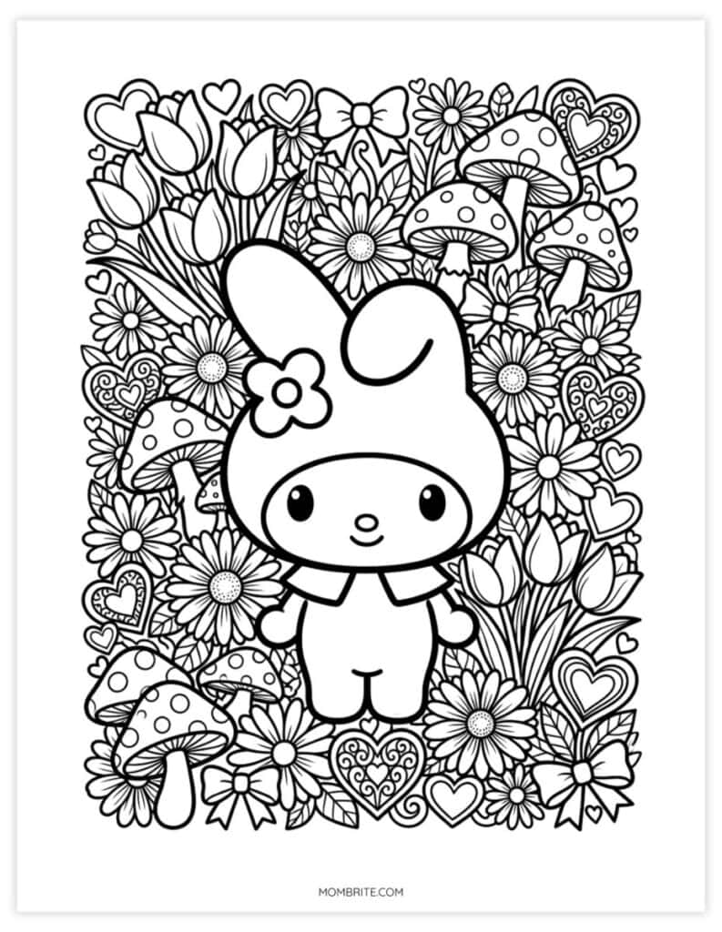 Detailed My Melody coloring page for adults of a bunny in a garden of tulips, daisies, and mushrooms
