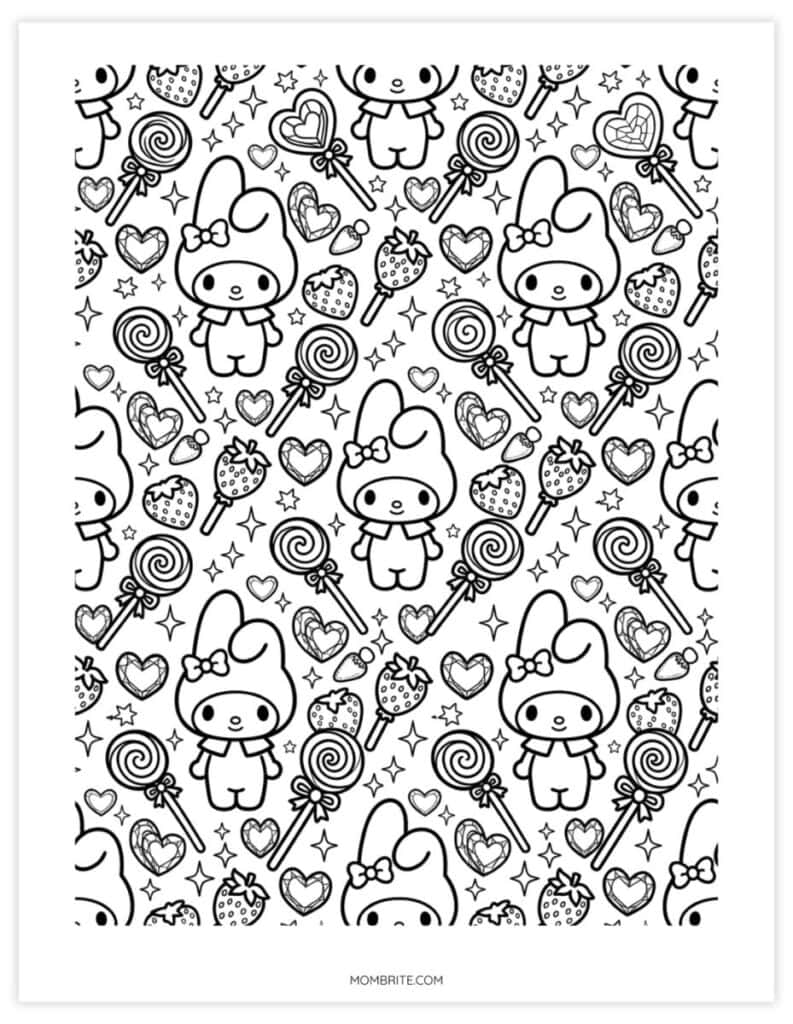 My Melody pattern coloring page for adults with repeating bunnies, lollipops, strawberries, and hearts