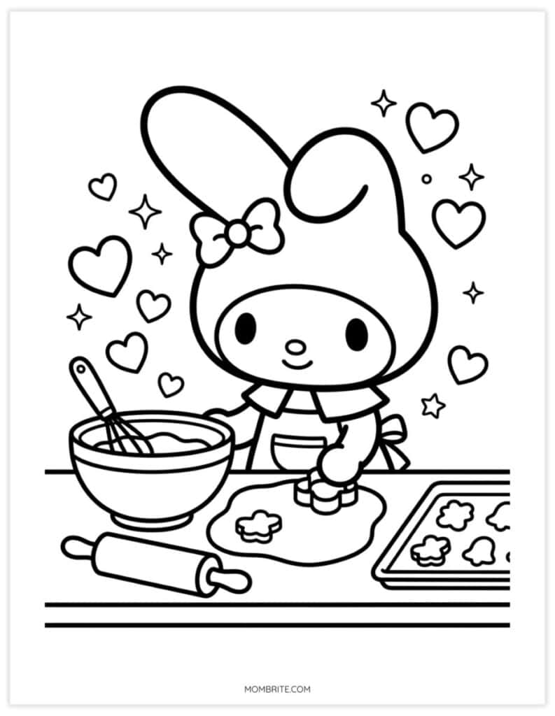 My Melody coloring page of a bunny in an apron cutting flower-shaped cookies