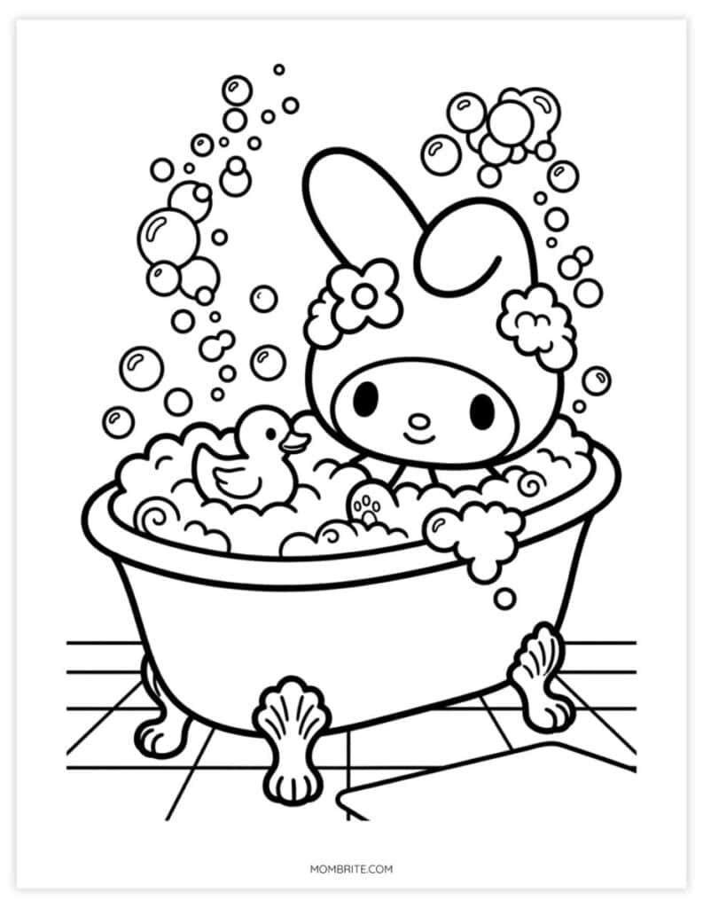 Cute My Melody coloring page of a bunny in a claw-foot bubble bath with a rubber duck