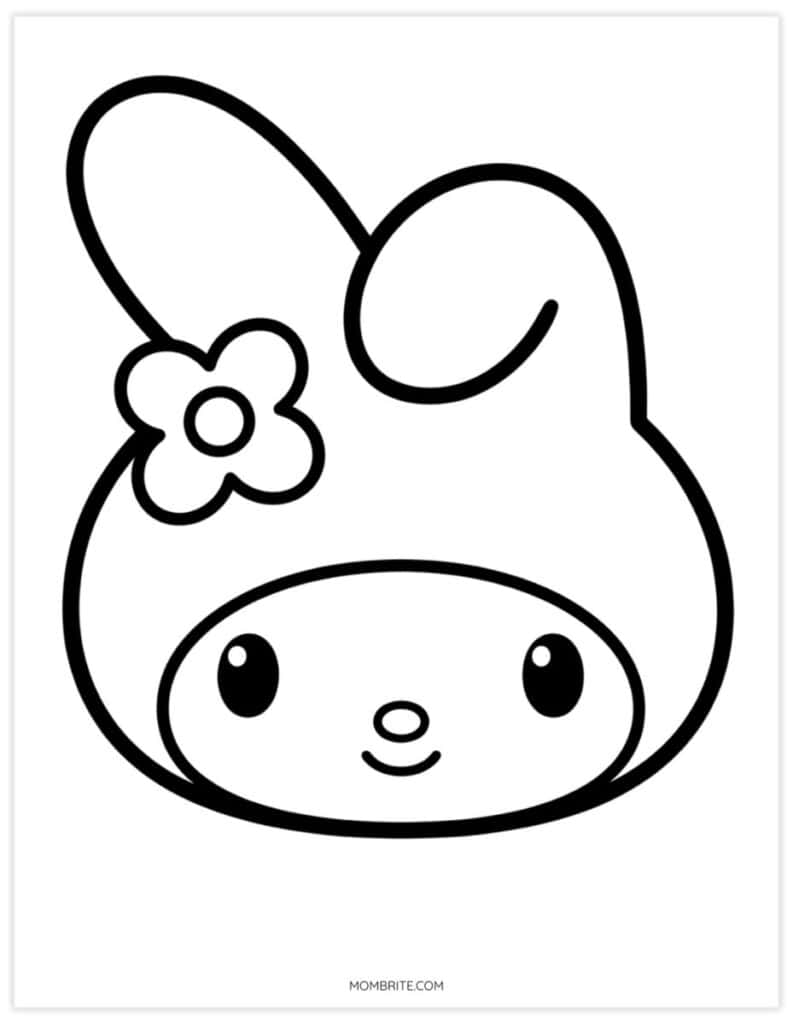 Simple My Melody coloring page of a big kawaii bunny face with a flower on her hood