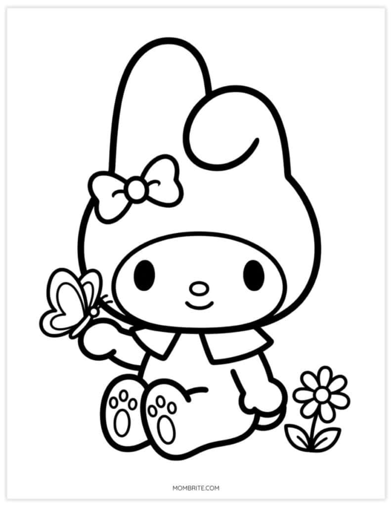 Cute My Melody coloring page of a sitting bunny with a butterfly landing on her paw