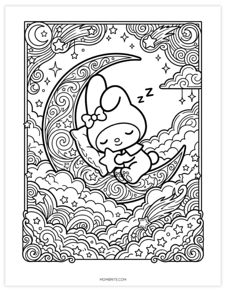 Detailed My Melody coloring page of a bunny asleep on an ornate crescent moon hugging a star