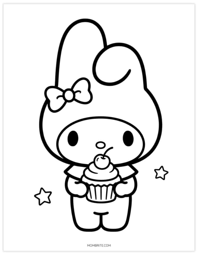 My Melody coloring page of a bunny holding a cherry-topped cupcake with stars