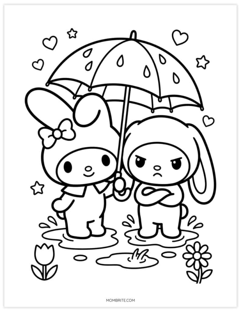 My Melody and friend coloring page of two bunnies sharing an umbrella in the rain