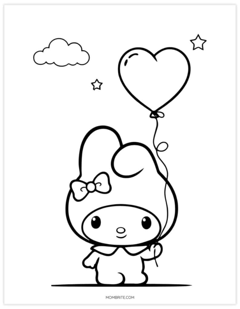 Easy coloring page of a My Melody-style bunny holding a heart-shaped balloon under a cloud