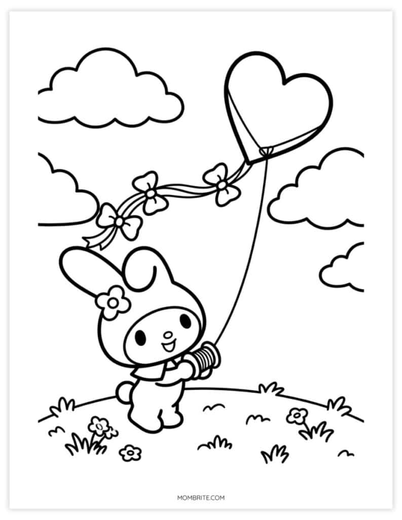 My Melody coloring page of a bunny flying a heart-shaped kite with bow ribbons
