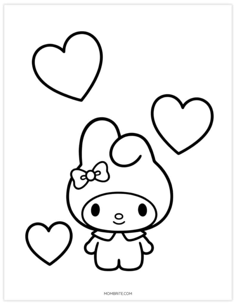 Free My Melody-inspired coloring page of a kawaii bunny in a hood surrounded by three big hearts