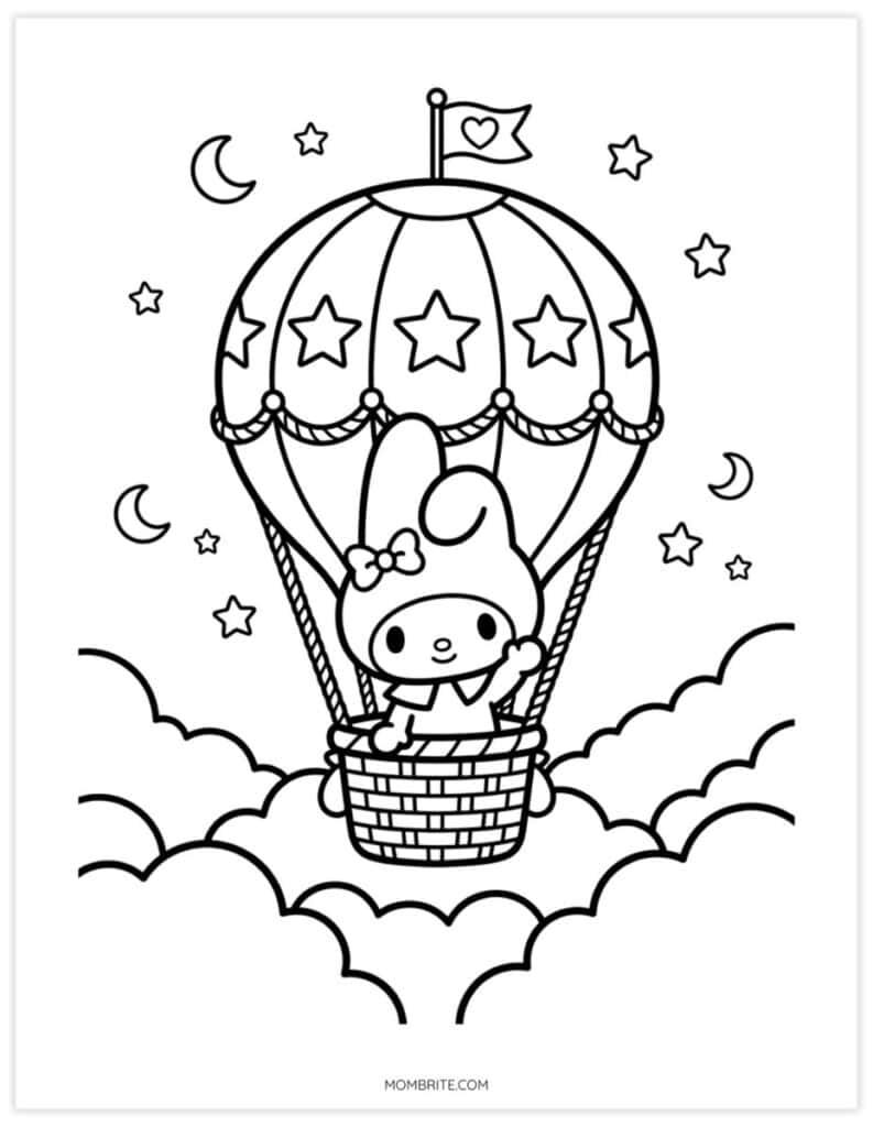 My Melody coloring page of a bunny riding a star-covered hot air balloon through a night sky