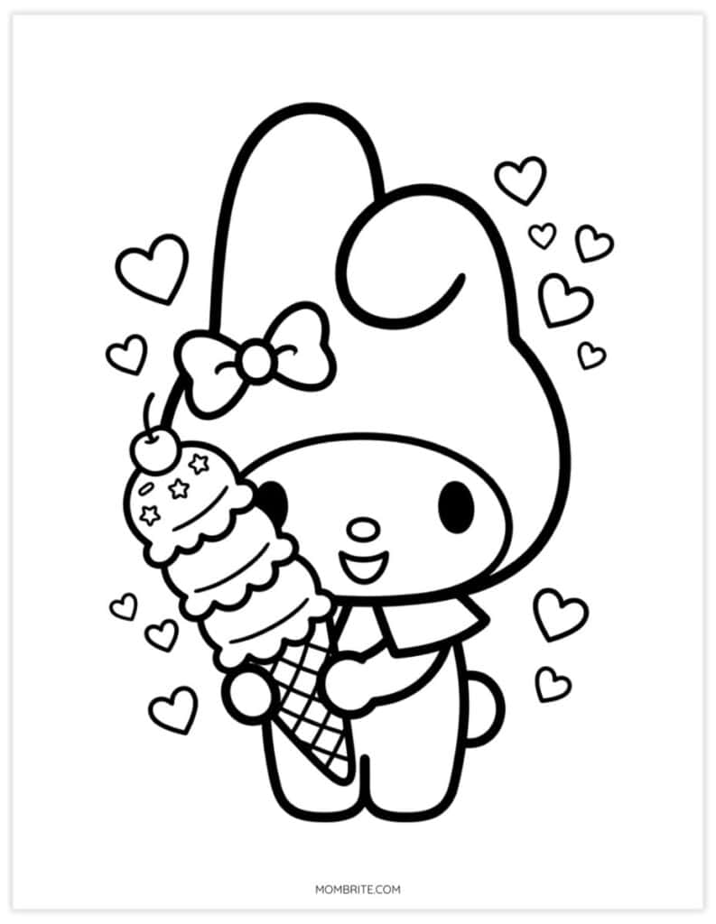 Cute My Melody coloring page of a bunny eating a triple scoop ice cream cone with hearts
