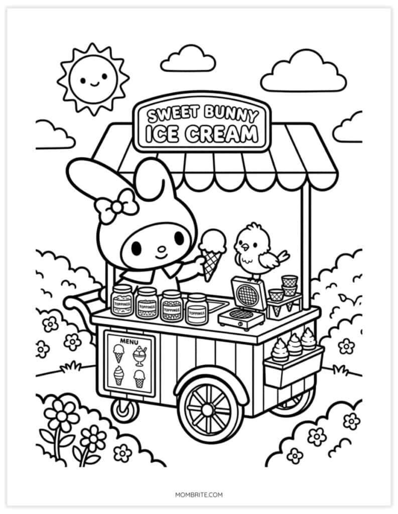 My Melody-inspired coloring page of a bunny serving ice cream to a bird at a Sweet Bunny cart