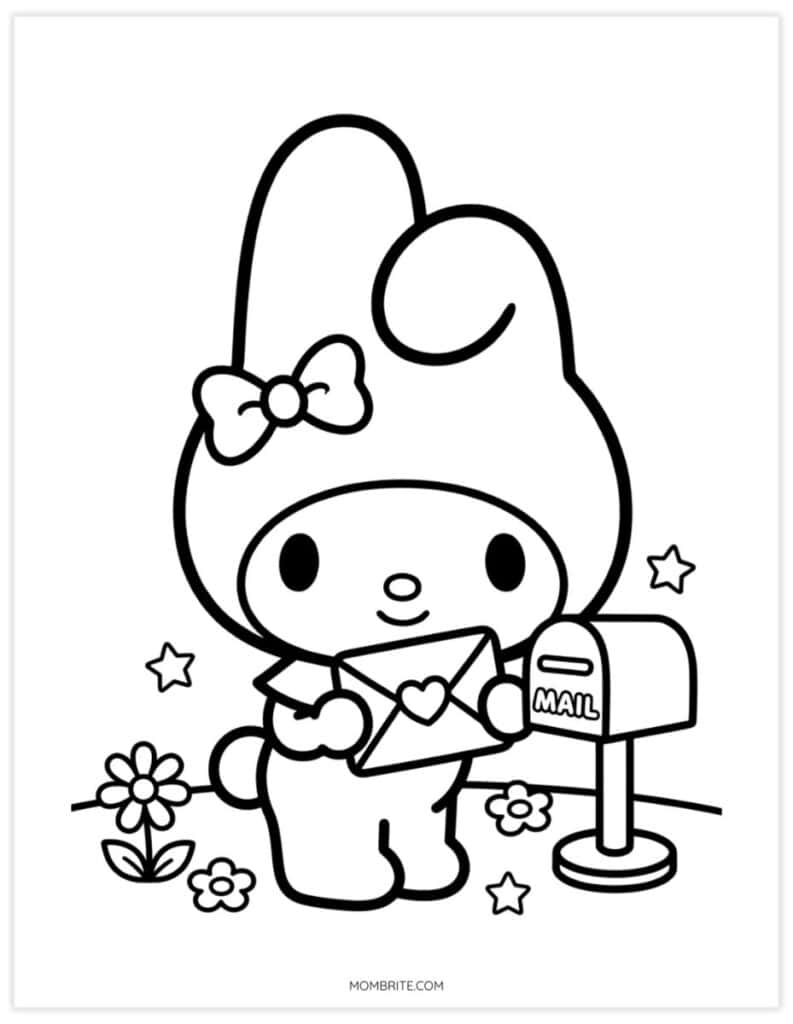 Kawaii My Melody coloring page of a bunny holding a heart-sealed envelope at a mailbox