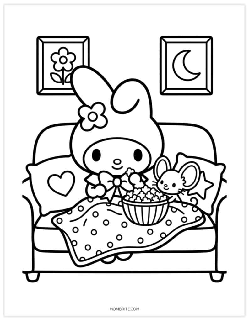 Cozy My Melody coloring page of a bunny and mouse sharing a bowl of popcorn on a couch