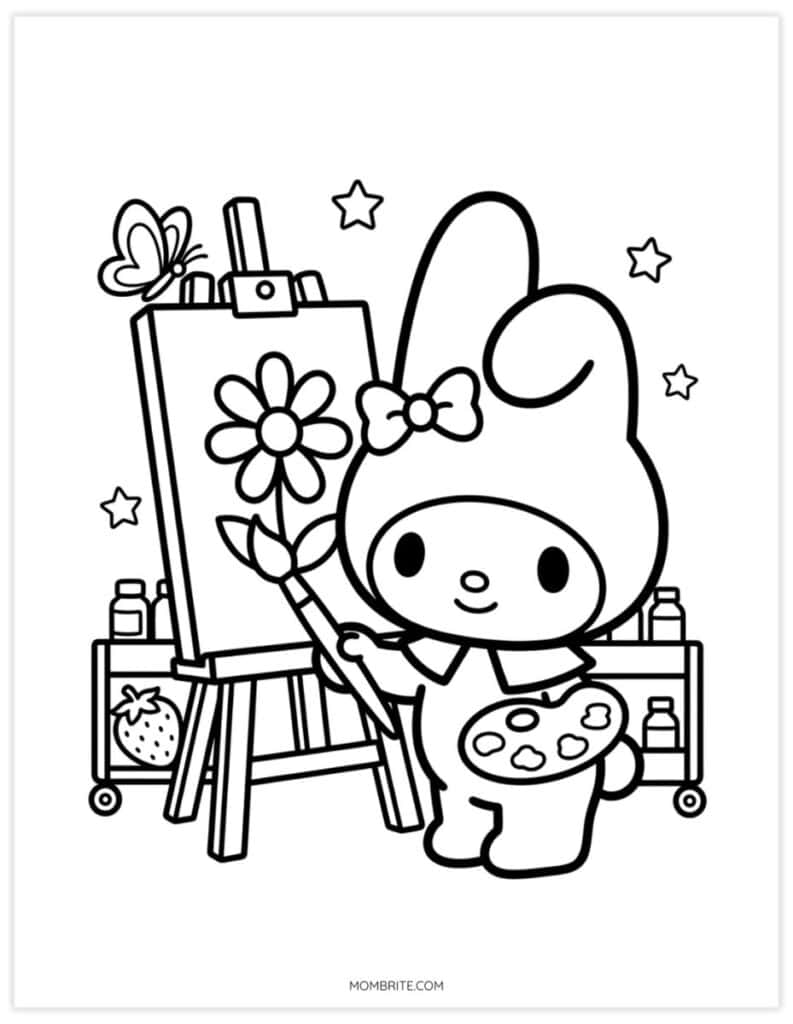 My Melody-inspired coloring page of a bunny painting a daisy on an easel