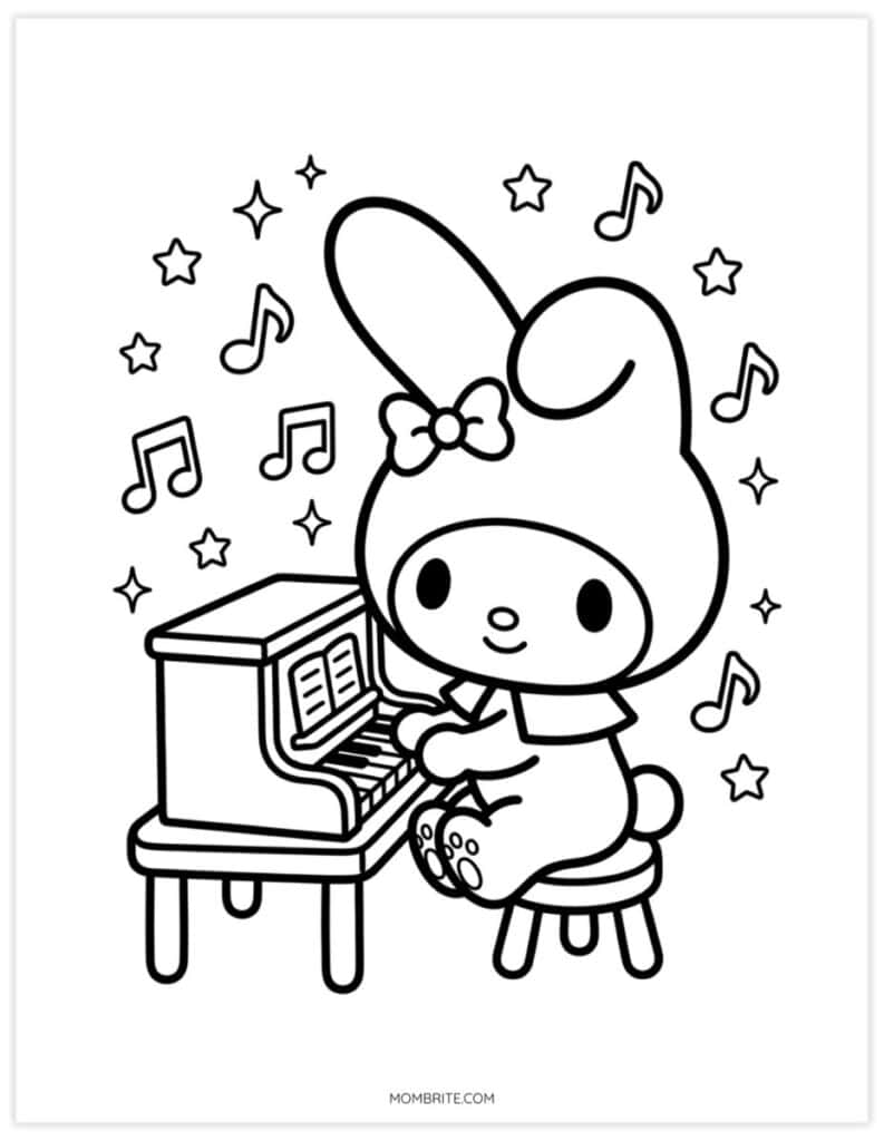 Cute coloring page of a My Melody-style bunny playing an upright piano with music notes