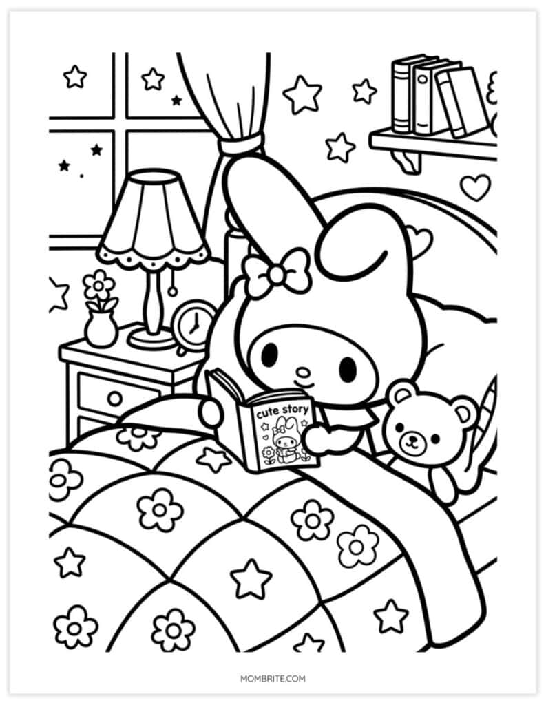 Kawaii My Melody coloring page of a bunny reading a book in bed with a teddy bear