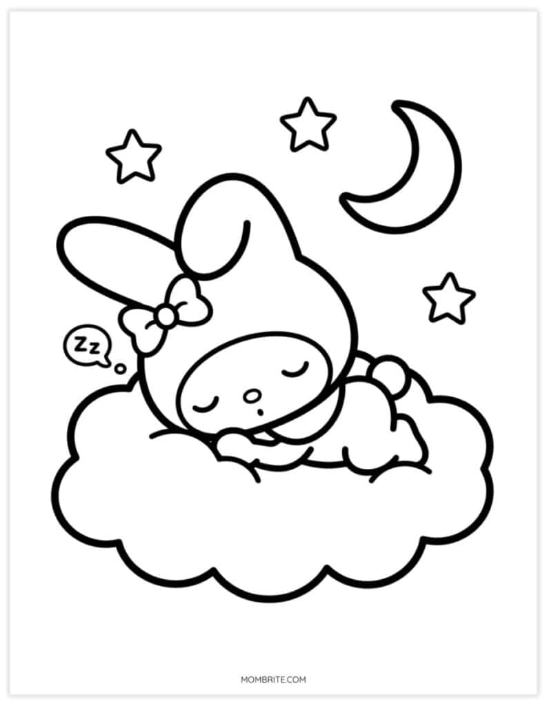My Melody-inspired coloring page of a bunny sleeping on a puffy cloud with a moon and stars