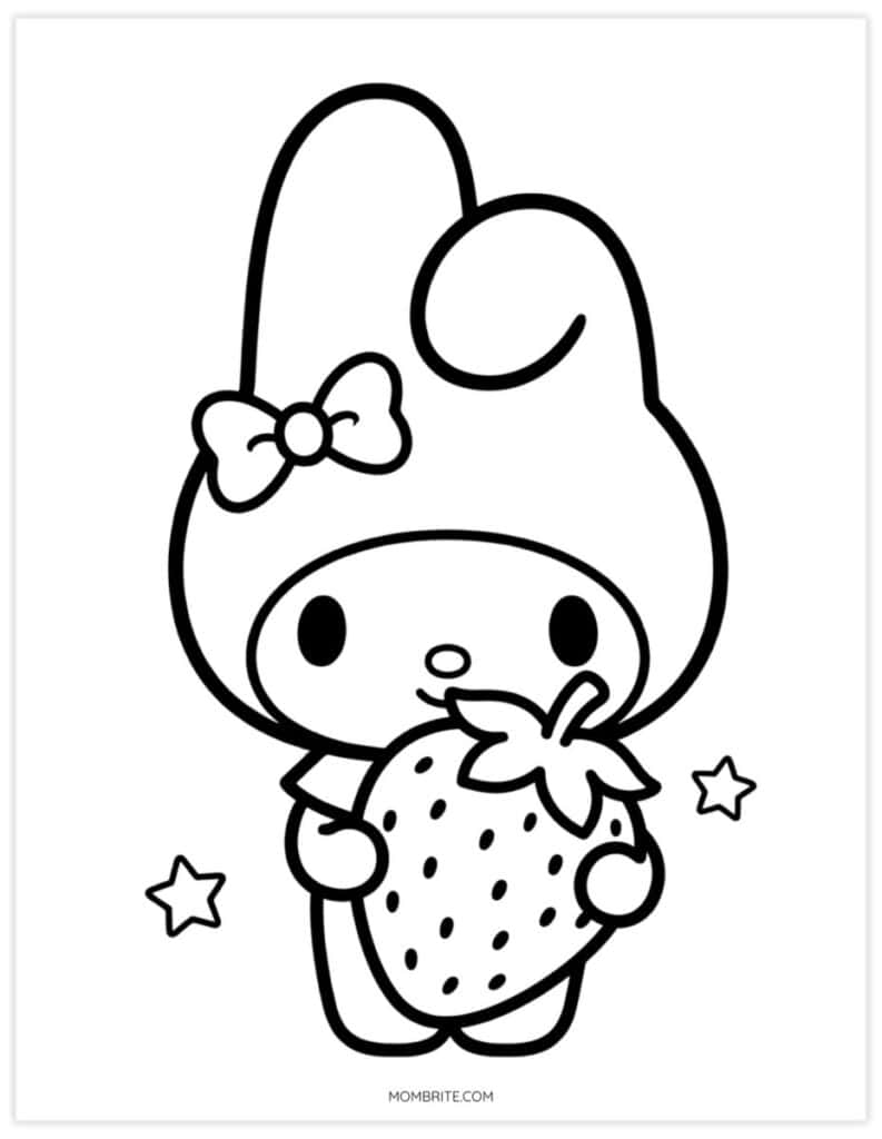 My Melody-inspired coloring page of a bunny hugging a giant strawberry