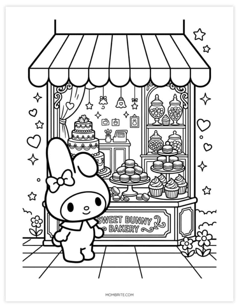 Detailed My Melody coloring page of a bunny outside the Sweet Bunny Bakery shop window