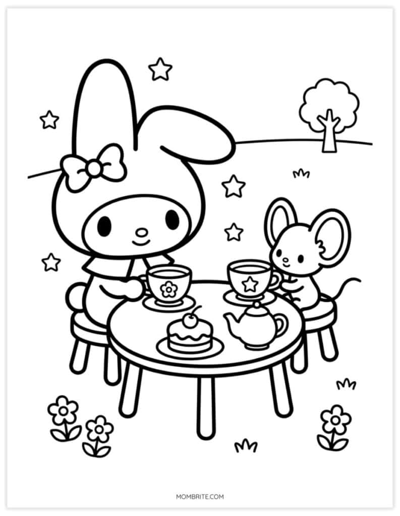 Kawaii My Melody coloring page of a bunny having an outdoor tea party with a tiny mouse