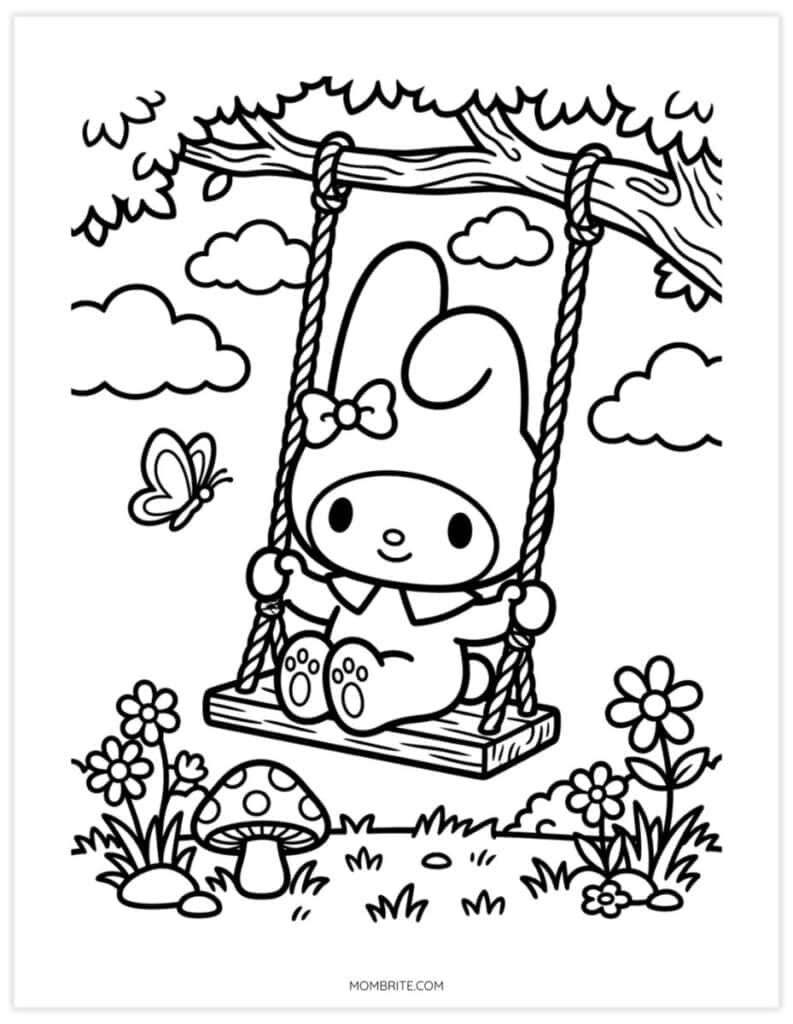 My Melody coloring page of a bunny on a tree swing with flowers and a mushroom below