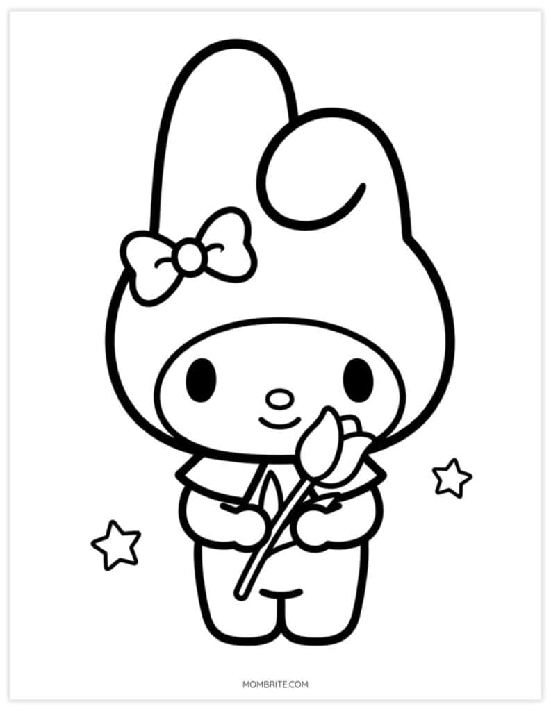 Easy My Melody coloring page of a bunny holding a tulip with two little stars