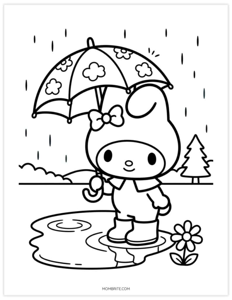 My Melody coloring page of a bunny in rain boots holding a flowered umbrella beside a puddle