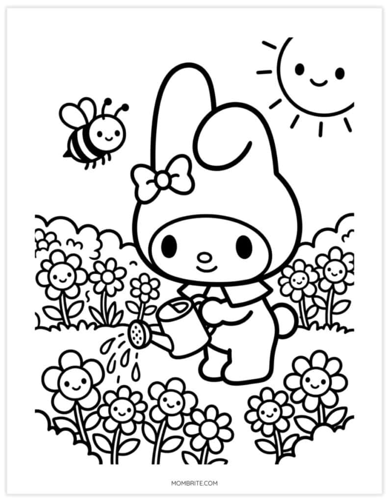 My Melody-inspired coloring page of a bunny watering smiling flowers with a bee and sun
