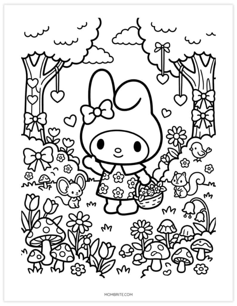 Detailed My Melody coloring sheet of a bunny in a flower dress in a mushroom forest with animal friends